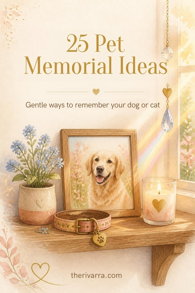 Watercolor memorial shelf with a framed dog portrait, collar, candle and forget-me-nots: 25 pet memorial ideas